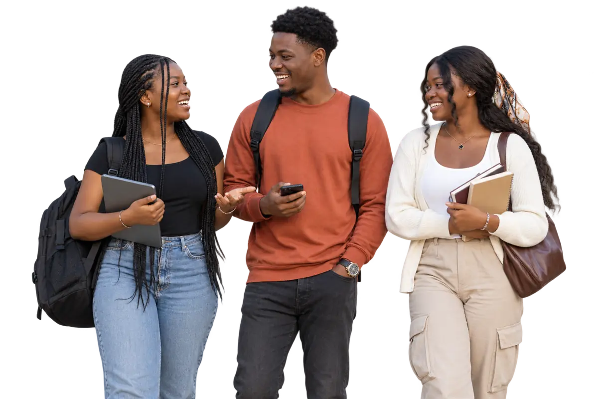 Three university students talking together